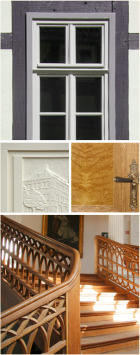 Einblicke in unsere Tischlerarbeiten: Fenster, restaurierte Tür und Holztreppe